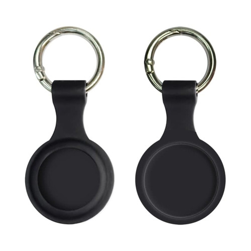 A silicone Airtag case in black with a keyring attached, featuring a smooth, round design.