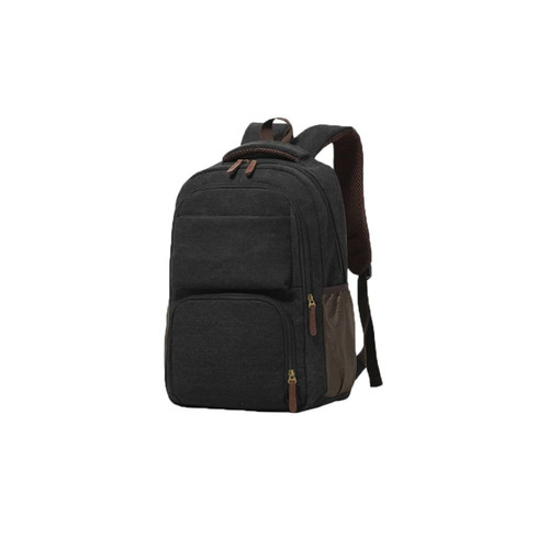A grey canvas laptop backpack with brown accents and multiple pockets. It features padded shoulder straps.