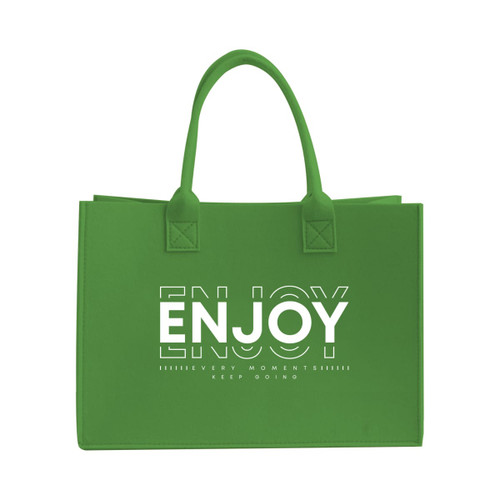 A green customizable felt tote bag with two handles and a logo on the front.
