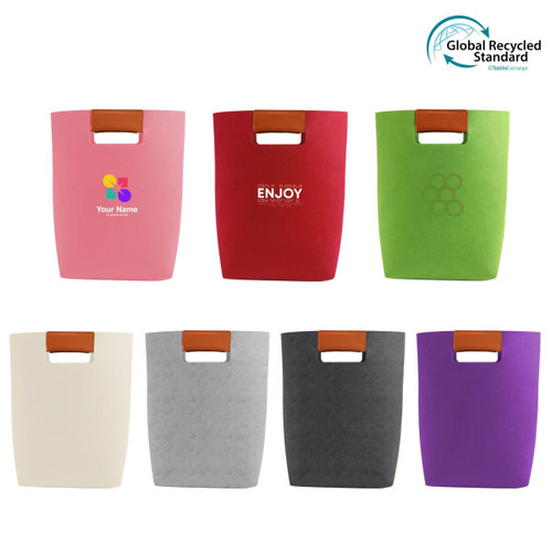 A collection of tote bags in pink, red, green, cream, grey, black, and purple with a logo on each bag.