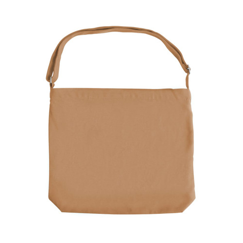 A tan canvas tote bag with a long strap and a simple, minimalist design. It features a logo on one side.