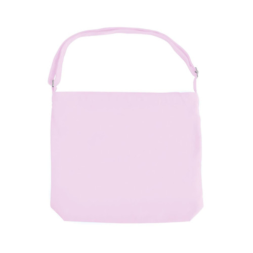 A pink canvas tote bag with a long strap, featuring a simple design and no visible branding.