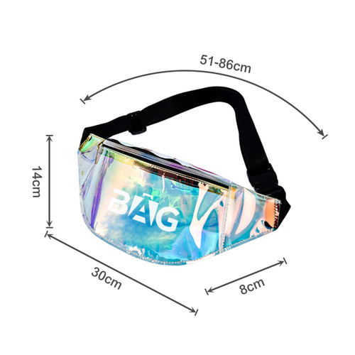 A holographic waist bum bag with adjustable strap, featuring a zippered main compartment and a logo.