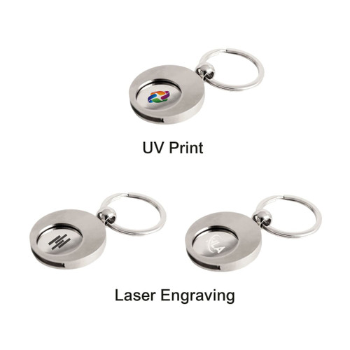 A round metallic keyring with a keychain, featuring UV print and laser engraving options.