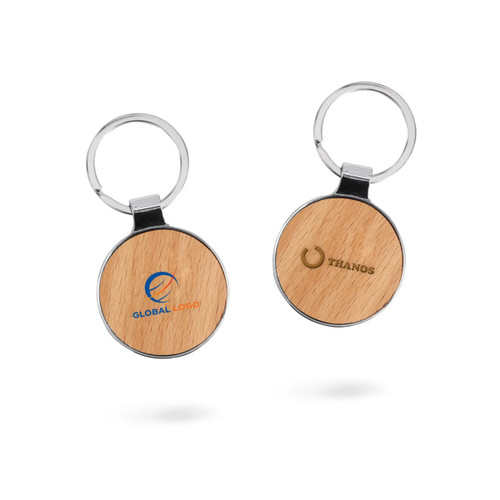A round wooden keyring featuring a natural wood finish and a metal keyring; includes a logo on one side.