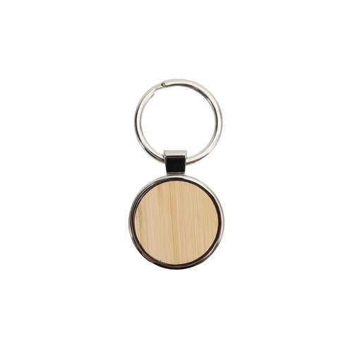 A round wooden keyring with a silver metal rim and keychain attachment, featuring a natural wood finish.