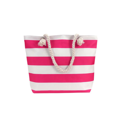 A pink and white striped tote bag featuring a rope handle. The bag has a simple, stylish design.