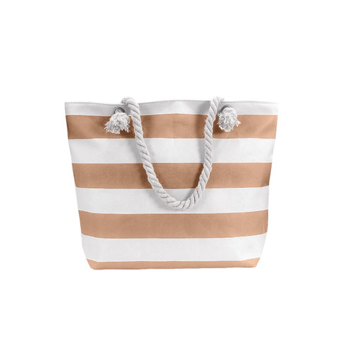 A large tote bag with white and copper stripes, featuring a rope handle with tassels. It has a branded logo.