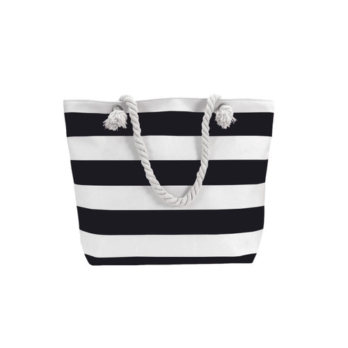 A tote bag with black and white stripes and a rope handle. It features a simple, stylish design.