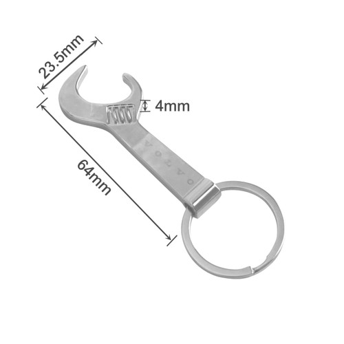 A drink bottle opener in the shape of a silver wrench, featuring a keyring attachment and a logo.