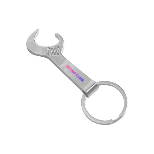 A drink bottle opener shaped like a wrench, featuring a silver metal finish and a keyring attachment.