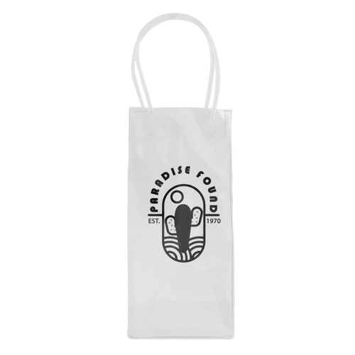 A clear PVC tote bag with white handles, featuring a logo in black and a flip-flop design.