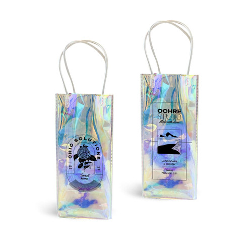 A transparent, iridescent PVC wine bag with handles, featuring a logo on each side.