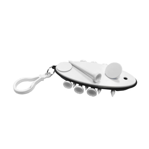 A golf tee set in white, featuring multiple tees and a clip for easy attachment.