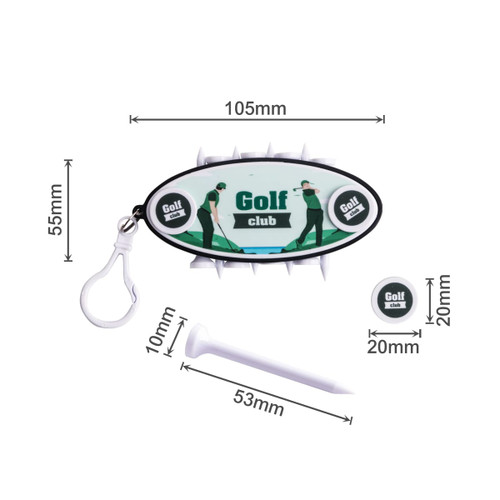 A golf tee set featuring a keyring, golf tee, and two markers with a green and white design.