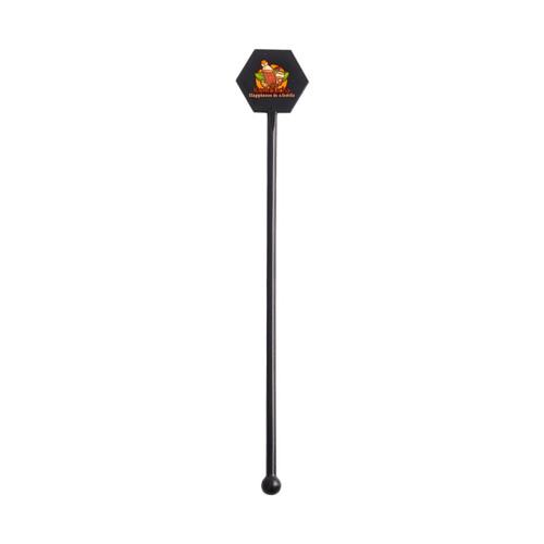 A black cocktail drink stirrer with a hexagonal top featuring a logo.