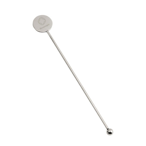 A stainless steel cocktail drink stirrer with a circular top and a rounded end, featuring a logo.