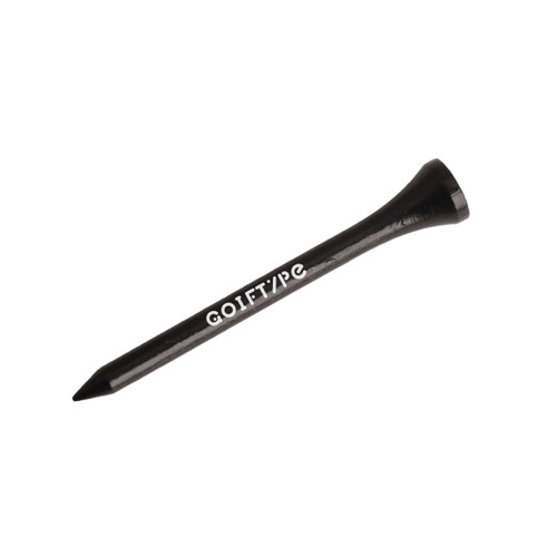 A bamboo golf tee in black with a tapered design and a round head, featuring a logo.