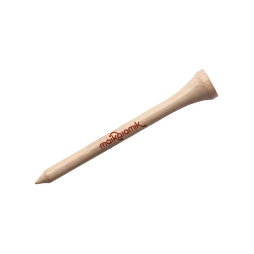 A bamboo golf tee, featuring a tapered design and a natural wooden finish, with a logo on the side.