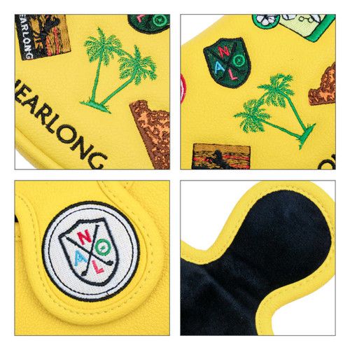 A custom mallet putter cover in vibrant yellow, featuring various patterns, including palm trees and a logo.