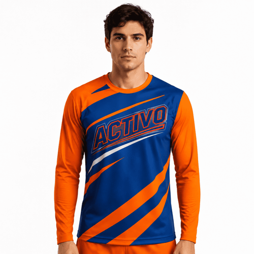A long-sleeve sports shirt in blue and orange, featuring a logo on the front.