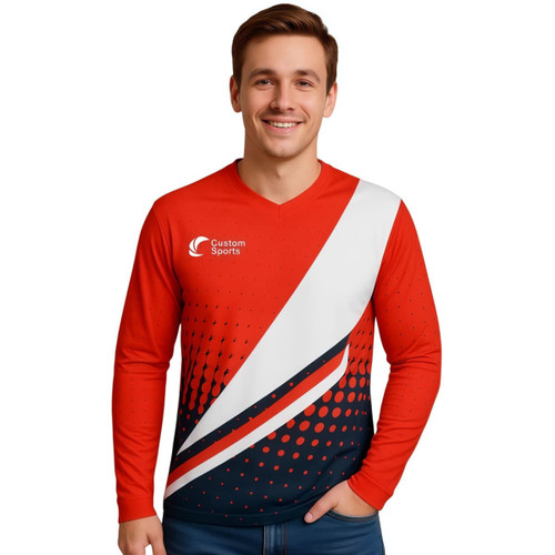 A red and white V-neck long-sleeve football jersey featuring a gradient design and a logo.