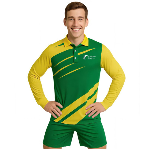 A long-sleeved polo shirt in green and yellow with a logo on the chest, featuring a sporty design.