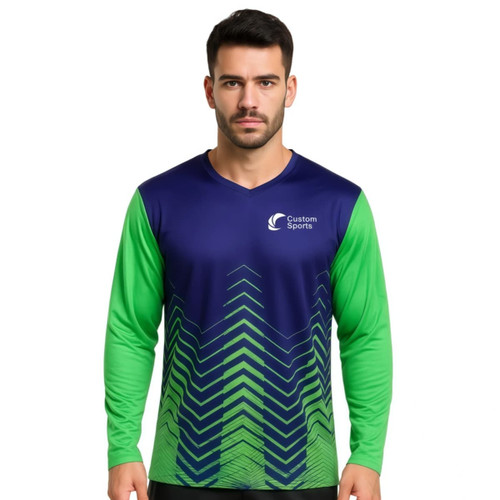 A long-sleeve V-neck shirt featuring a gradient design in navy blue and green, with a logo on the chest.