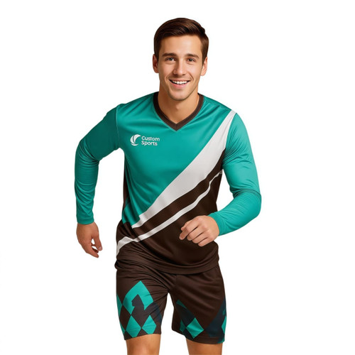 A unisex long-sleeve football jersey in teal and brown, featuring a logo and a modern design.