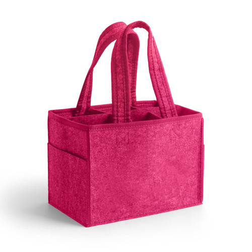 A felt wine tote bag in vibrant pink with three compartments and two handles. Features side pockets.