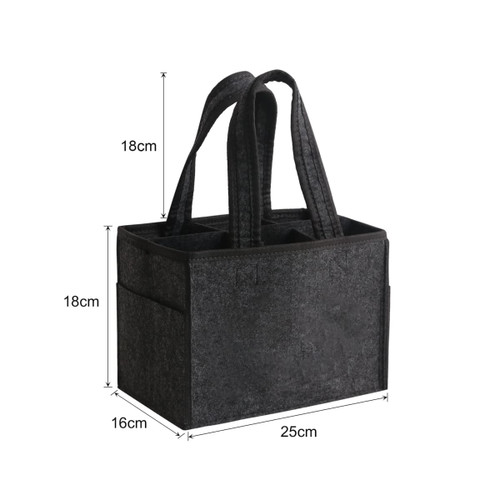 A felt wine tote bag in dark grey with two handles and multiple compartments. Features measurements on the side.