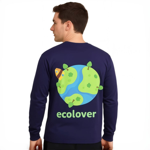 A navy long-sleeved V-neck shirt featuring a graphic of a cartoon earth with trees and a turtle, along with the word "ecolover".