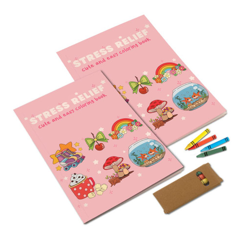A5 custom colouring books in pink with colourful illustrations, accompanied by crayons and a small case.