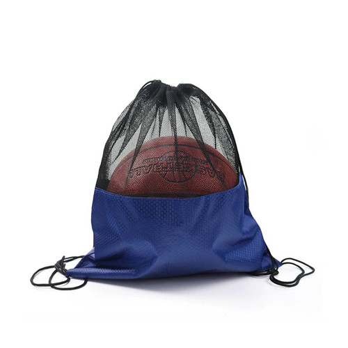 A blue drawstring mesh backpack containing a basketball, featuring a black mesh top and a branding logo.