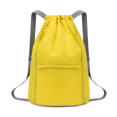 A yellow bucket drawstring backpack with grey straps and a front pocket. Features a simple, minimalist design.