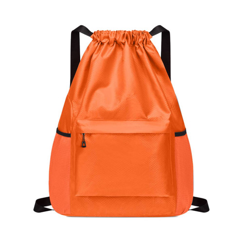An orange multi-pocket drawstring backpack featuring a front zip pocket and adjustable black straps.