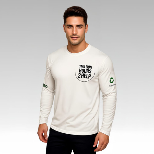 A man in a white long-sleeved crew neck shirt with a logo and text design on the front and sleeve.