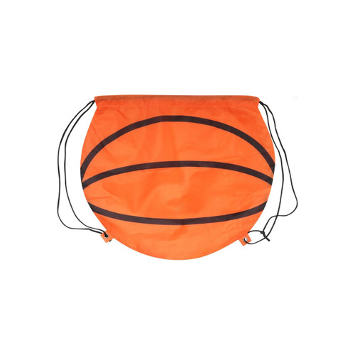 An orange ball-shaped drawstring backpack with black markings, featuring two drawstrings for closure.