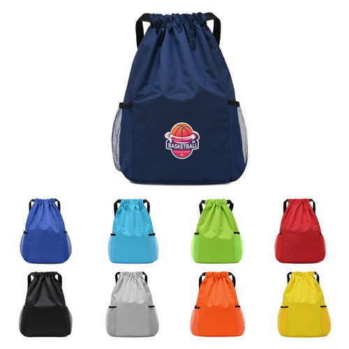 A blue drawstring backpack with a basketball logo, surrounded by other coloured backpacks in red, green, orange, and more.