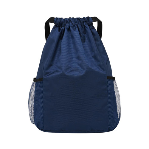 A navy drawstring backpack featuring mesh side pockets and shoulder straps, with a simplistic design.
