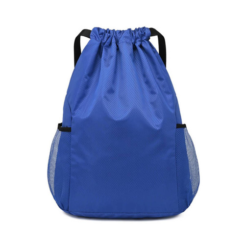 A blue drawstring backpack with mesh side pockets and adjustable straps, featuring a small logo.