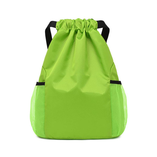A bright lime green drawstring backpack with mesh side pockets and black straps. It features a logo.