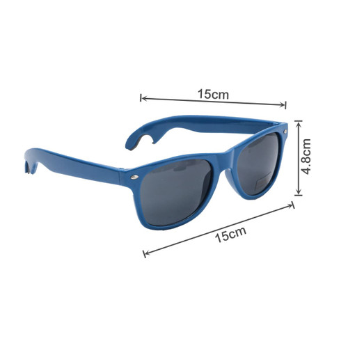 A drink bottle opener is integrated into blue sunglasses with dark lenses, featuring a logo on the side.