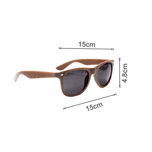 Coffee Fibre Sunglasses in brown with black lenses, measuring 15cm in width and 4.8cm in height.