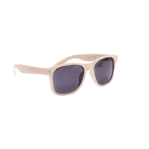 Wheat straw sunglasses in a light beige colour with dark lenses, featuring a simple logo on the side.