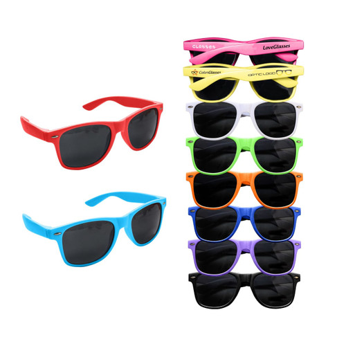 Coloured classic sunglasses in red, blue, purple, green, orange, black, and white, displayed in a stack.