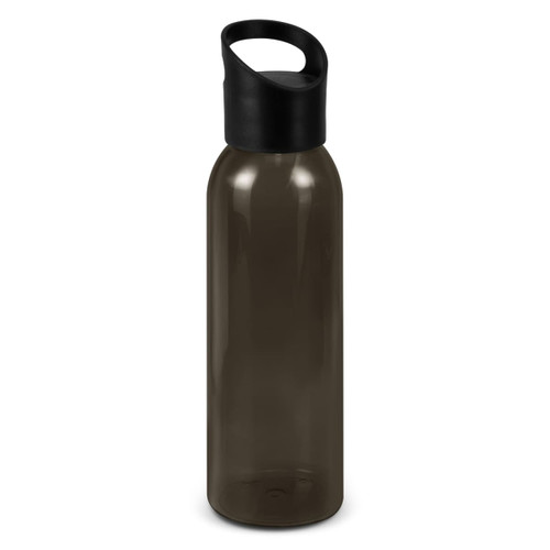 A drink bottle in smoke grey with a black cap, featuring a logo on the front.