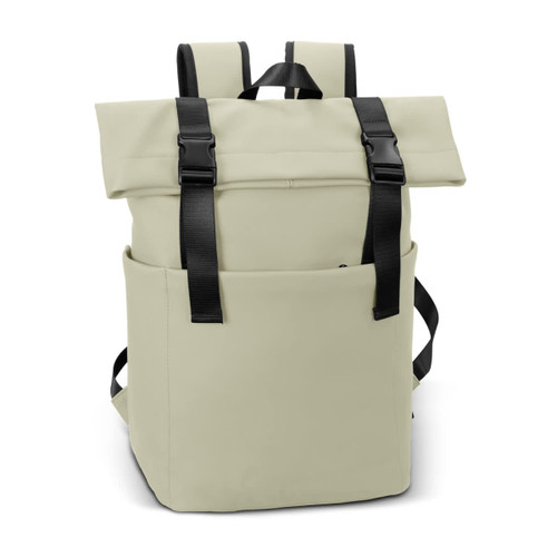 A soft-touch flap backpack in cream with black straps and a front pocket. It features a minimalistic design.