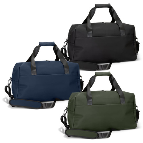 A duffle bag collection featuring black, navy, and olive green bags with dual handles and a shoulder strap.