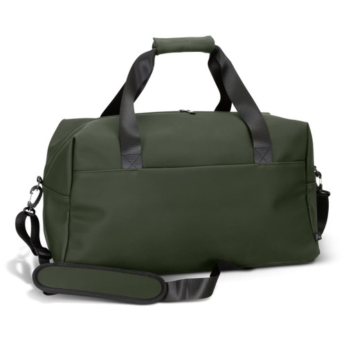 A green soft-touch duffle bag with dual handles and a detachable shoulder strap, featuring a logo.